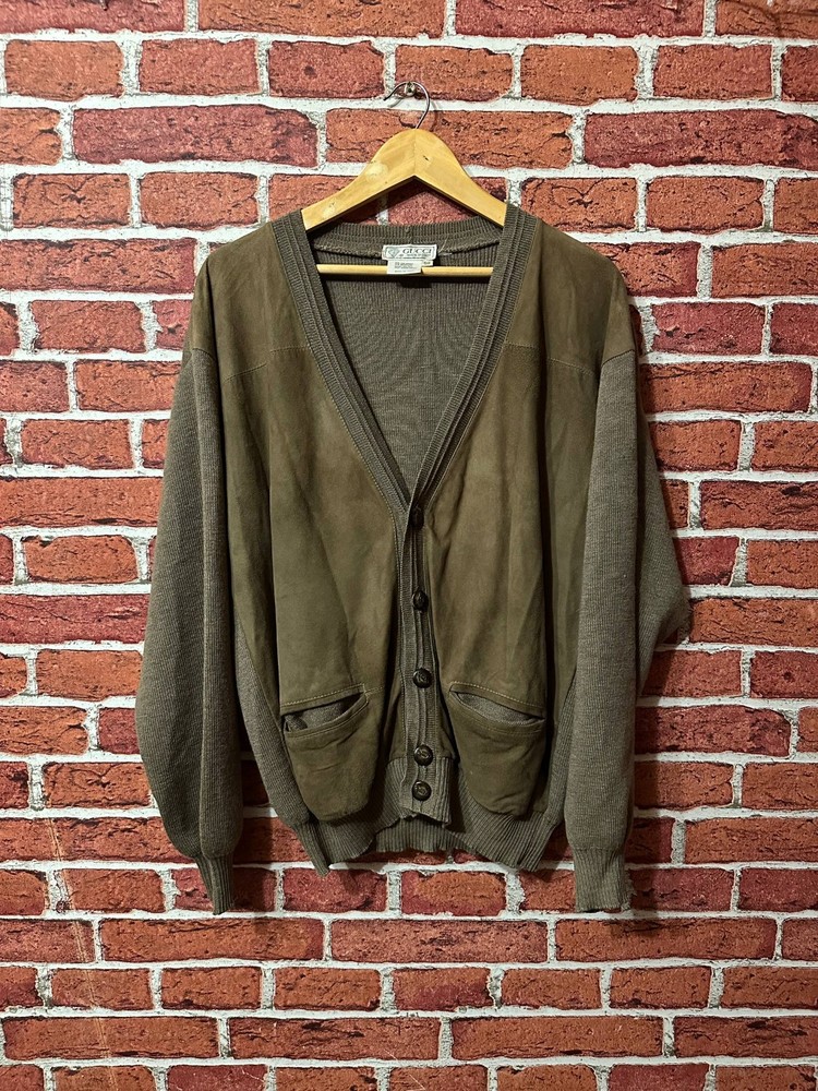 Vintage GUCCI Cardigan Men's Size 50 L Merino Wool & Genuine Leather Front Italy