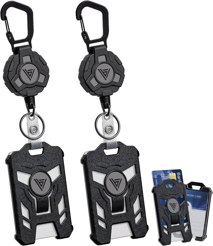 2 Pack Heavy Duty Retractable Keychain with ID Card Holder & Carabiner Clip  
