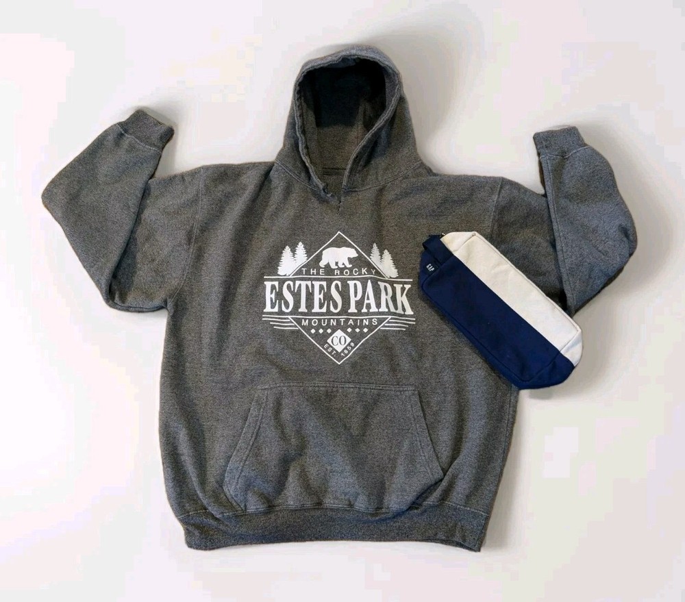 Estes Park Colorado Mens XL Charcoal Hoodie with Blue Gap Toiletry Bag