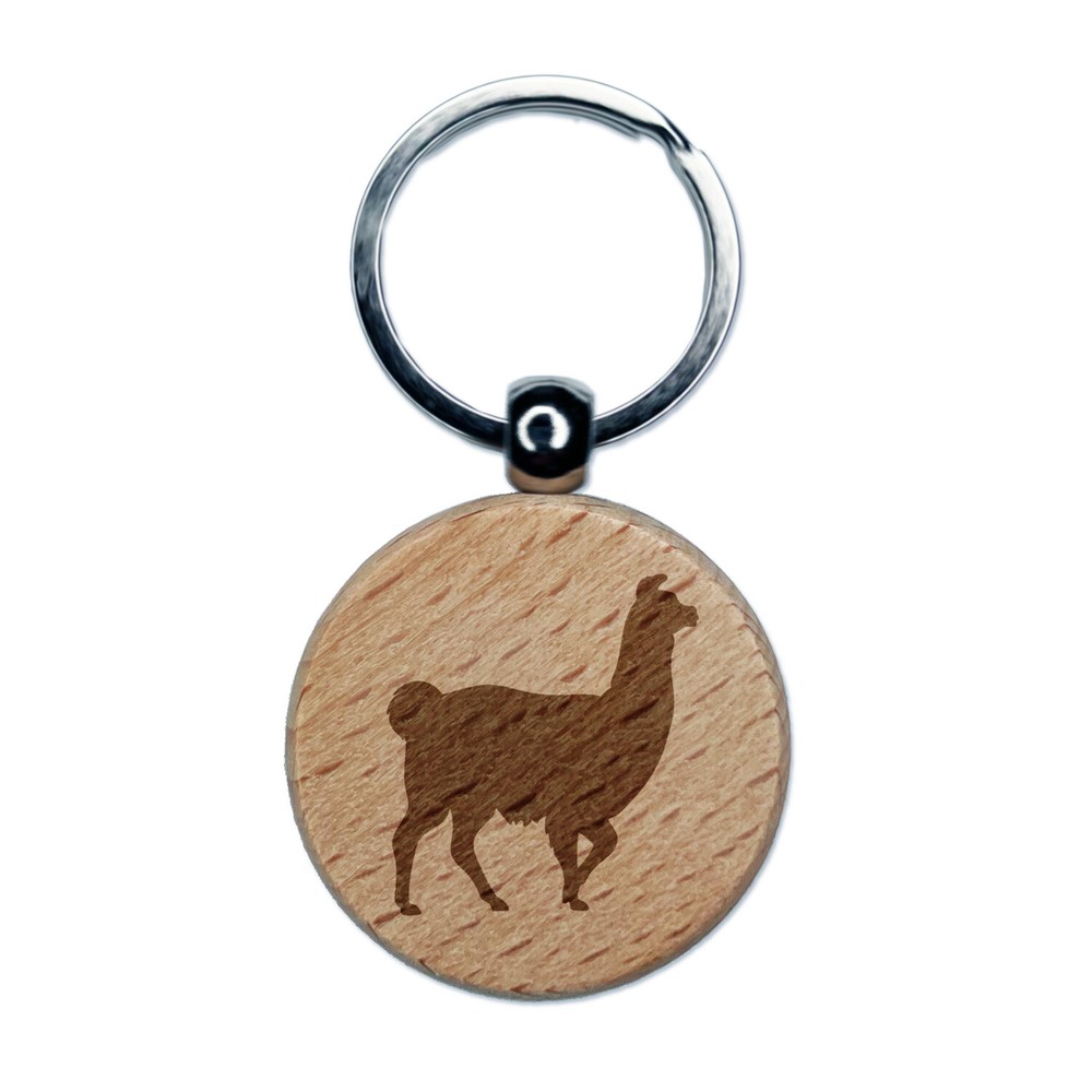 Llama Silhouette Engraved Wood Round Keychain Tag Charm