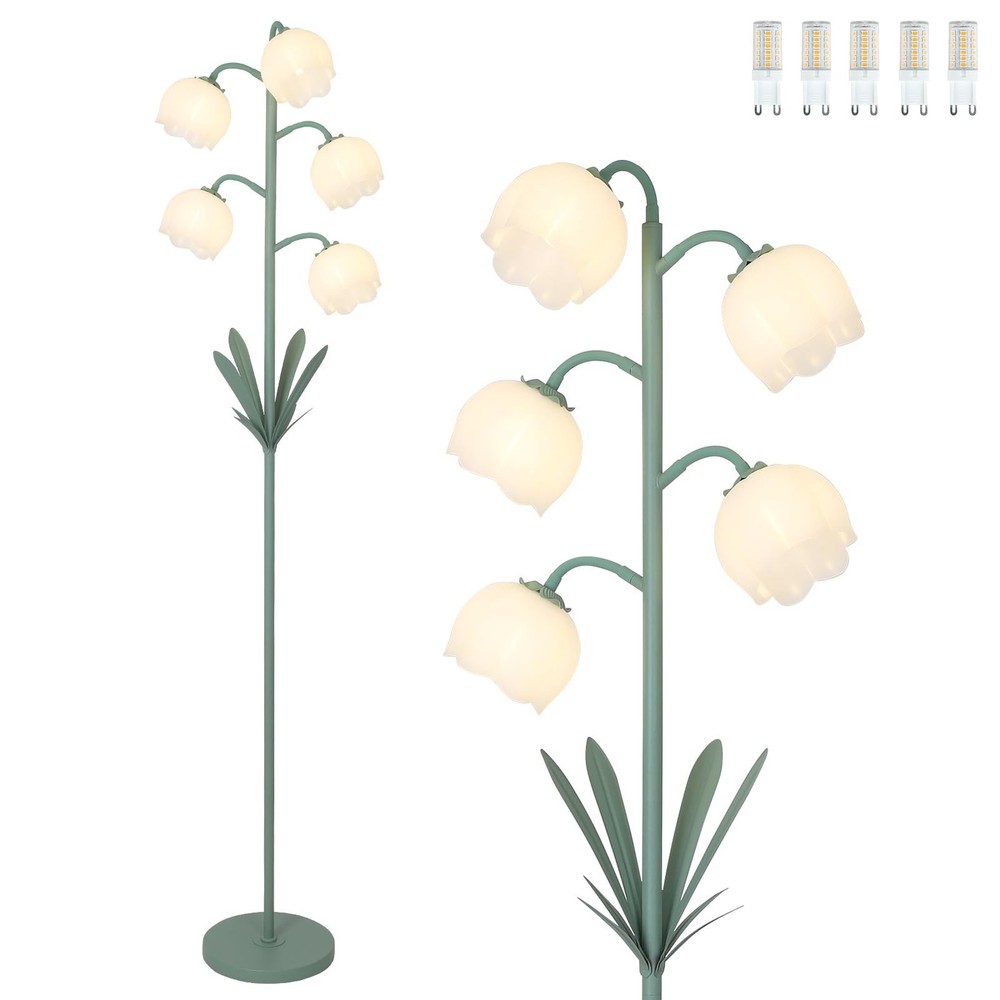 5-Lights Flower Floor Lamp with LED Blubs, Green Modern Floor Lamps for Livin...