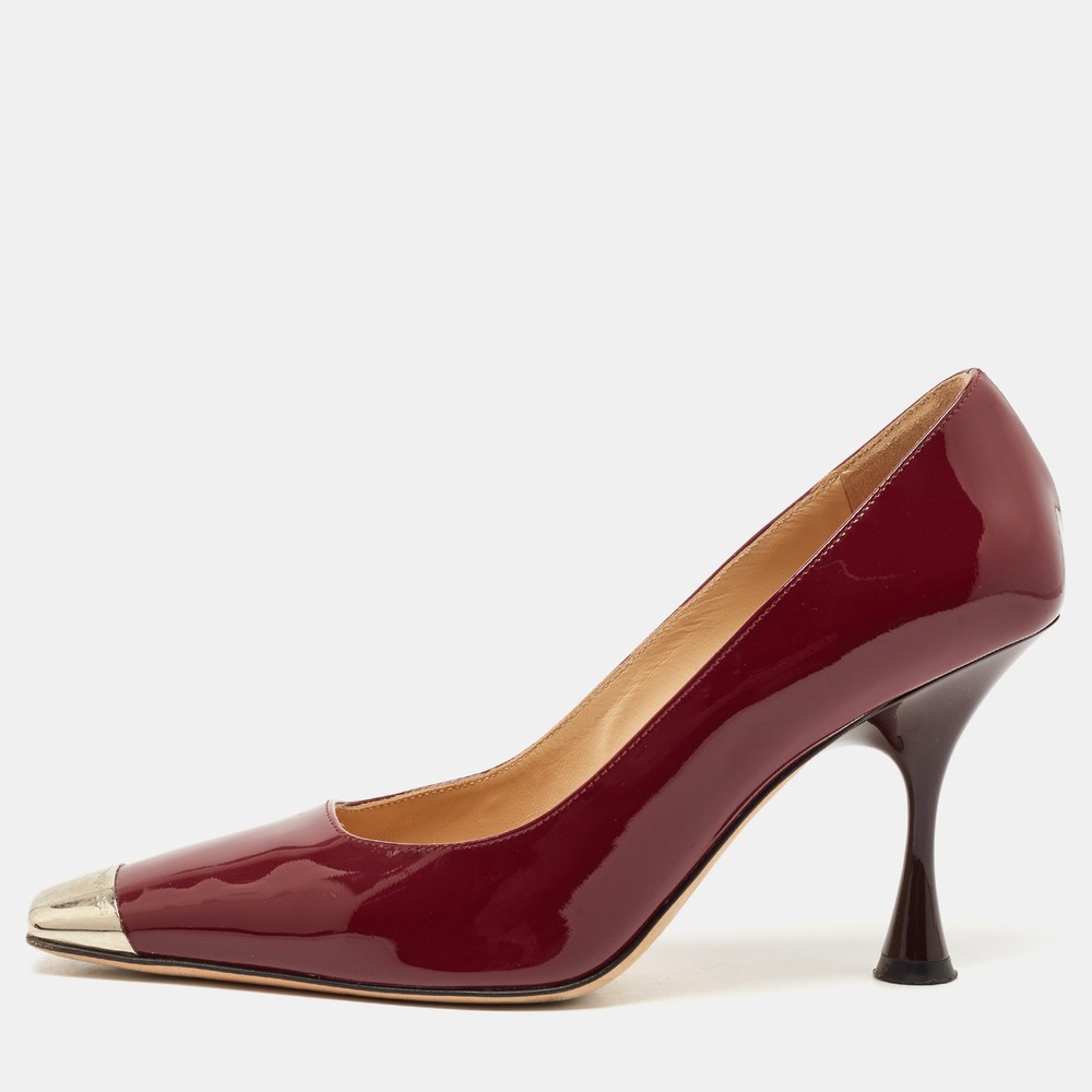 Sergio Rossi Burgundy Patent Leather Square Toe Pumps with Metal Detail Size 37