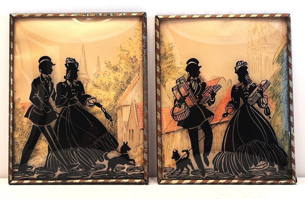 PAIR 1930’s Reverse Painted Silhouettes on Convex Glass Victorian Couple