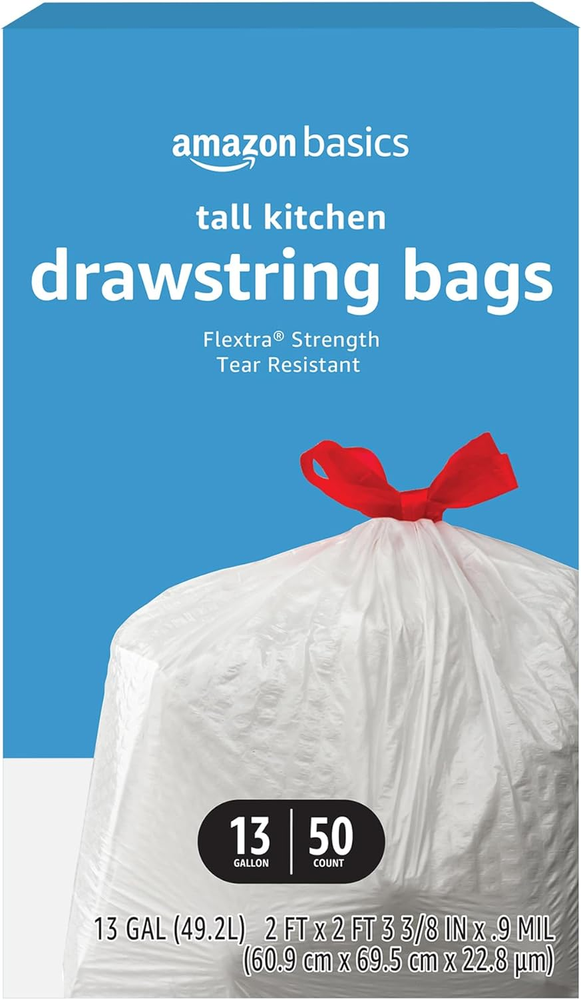 Flextra Tall Kitchen Drawstring Trash Bags, 13 Gallon, Unscented, 50 Count, Pack