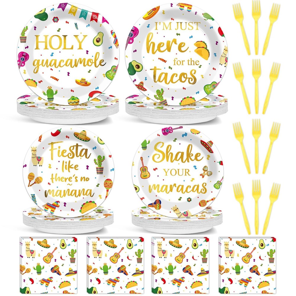 96 Pcs Mexican Fiesta Paper Plates and Napkins Taco Fiesta Party Supplies Mex...