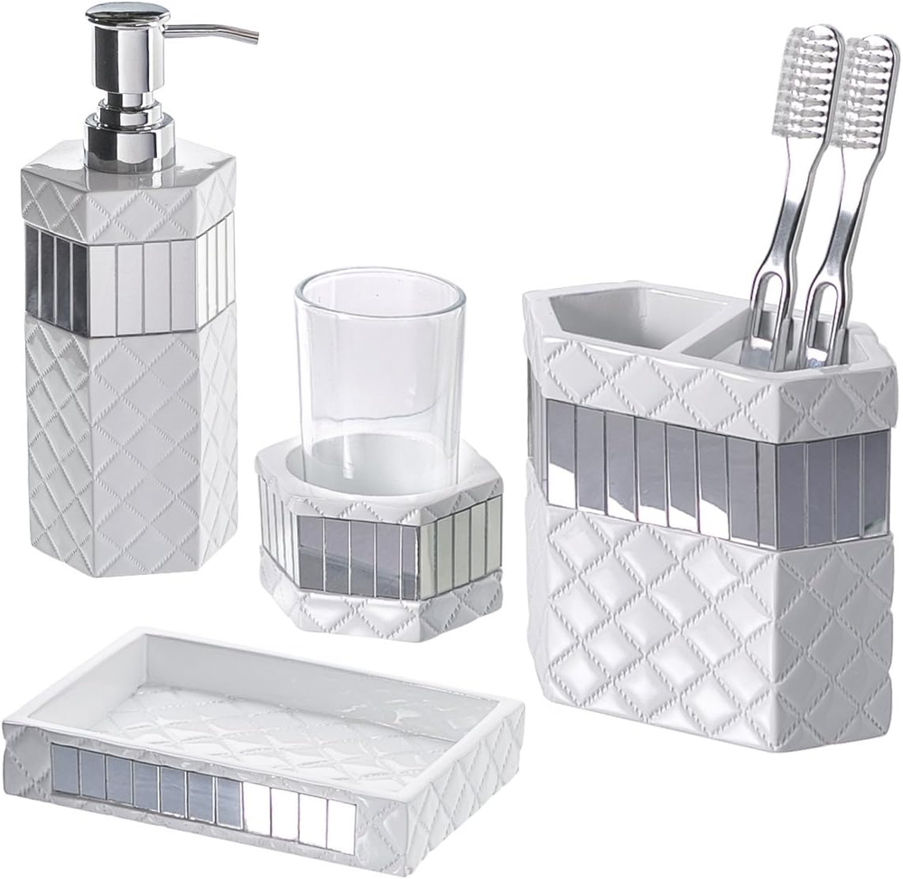 White Bathroom Accessories Set - Decorative 4 Piece Bathroom Set - Mirrored Bath