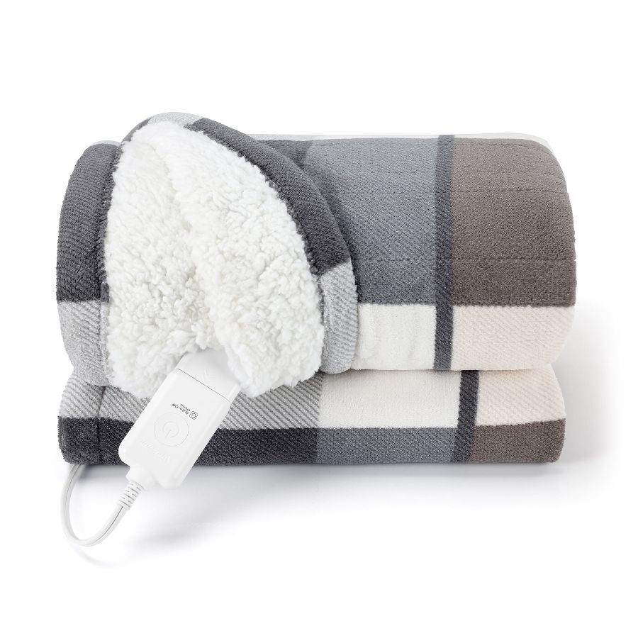Neutral Plaid Microplush Sherpa/Faux Shearling, Electric Heated Blanket
