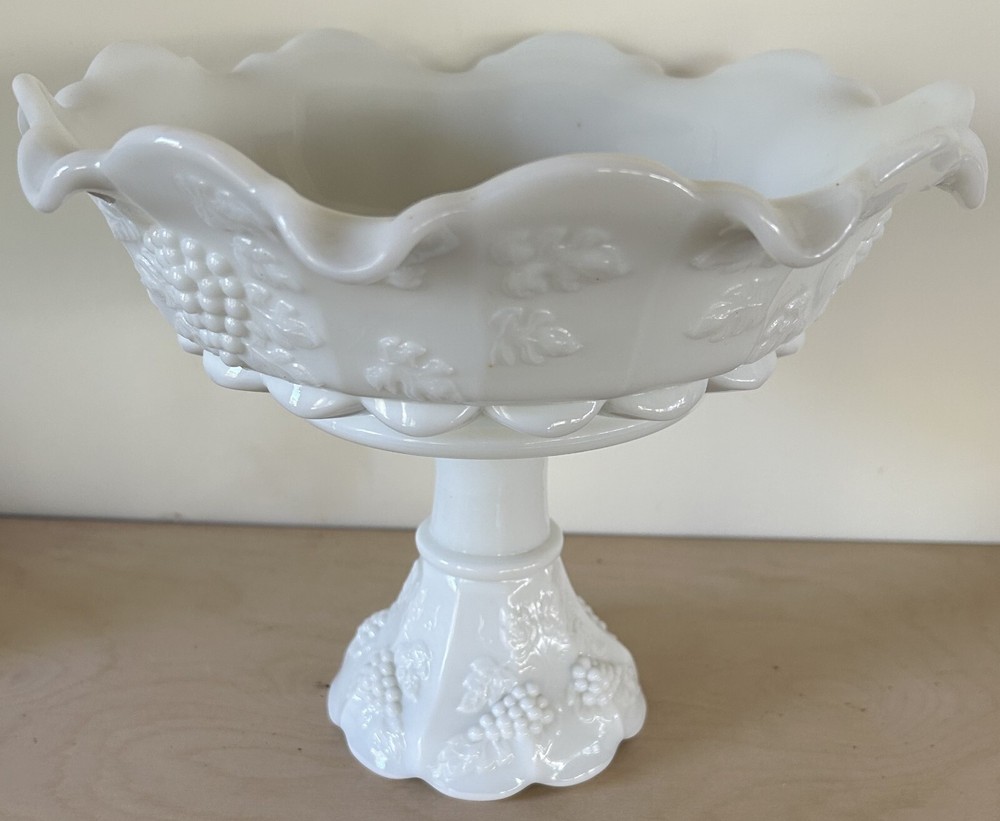 Westmoreland White Milk Glass Grape Pedestal Compote Bowl Restored