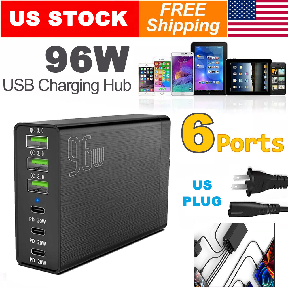 6 Port Multi-Port Fast Quick Charge USB C Hub Wall Charger US Plug Adapter