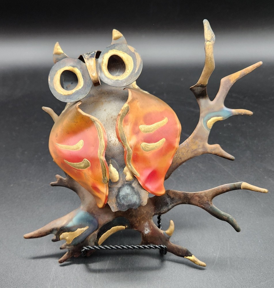 MCM Brutalist Metal Owl Wall Art Hanging Sculpture Gold Copper Home Interiors