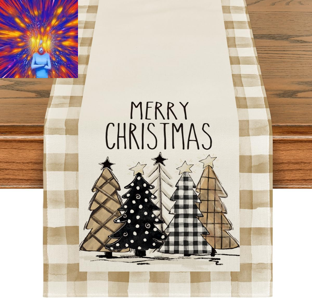 Watercolor Brown Buffalo Plaid Christmas Trees Merry Xmas Table Runner, Seasonal