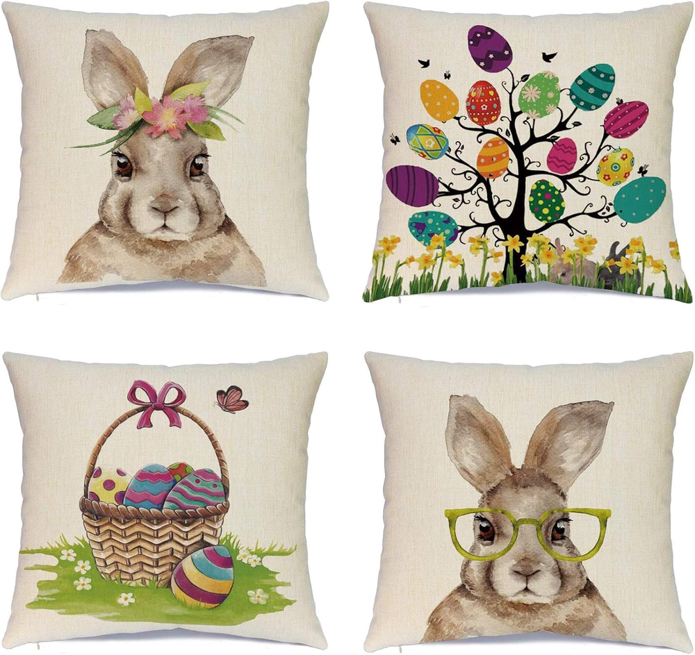 Set of 4 Farmhouse Easter Pillow Covers 18×18 with Egg and Rabbit Design
