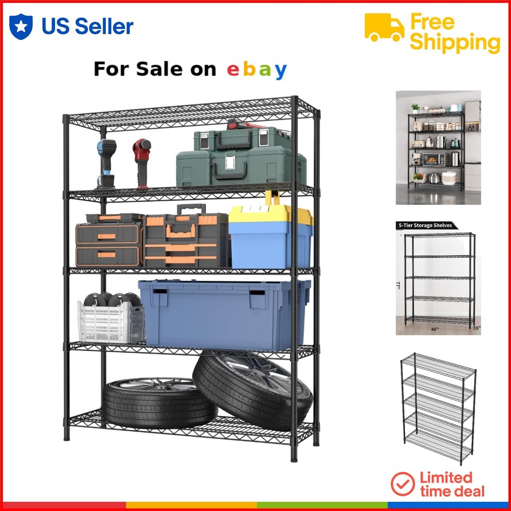 Heavy Duty 5-Tier Metal Storage Shelves Adjustable Utility Rack 1750LBS Capacity
