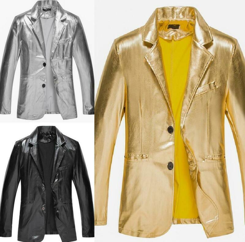 Men Slim Fit Shiny Lapel Jacket Two Button Nightclub Blazer Coat