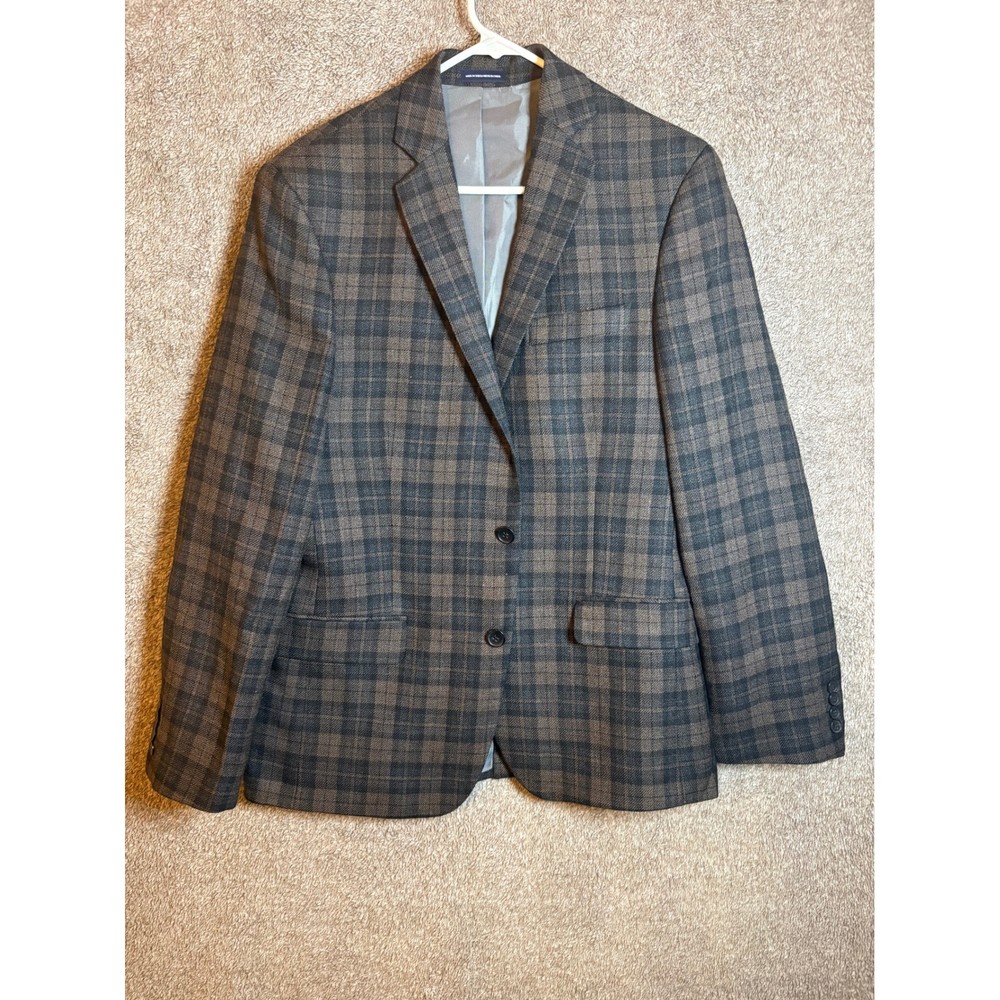 Stafford Signature Mens 40R Slim Fit Plaid Wool Blazer Sport Coat Jacket Brown