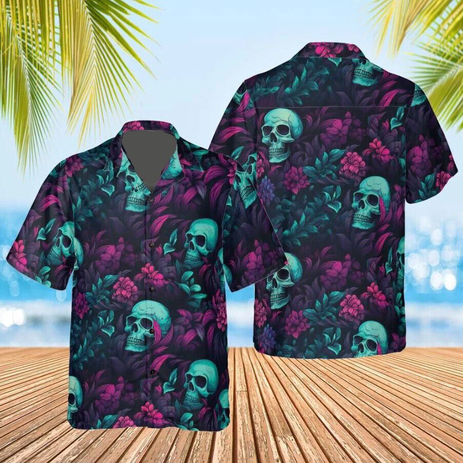 Stylish Bloom Skull Hawaiian Shirt with 3D Design and Short Sleeve Button Down for a Tropical Look