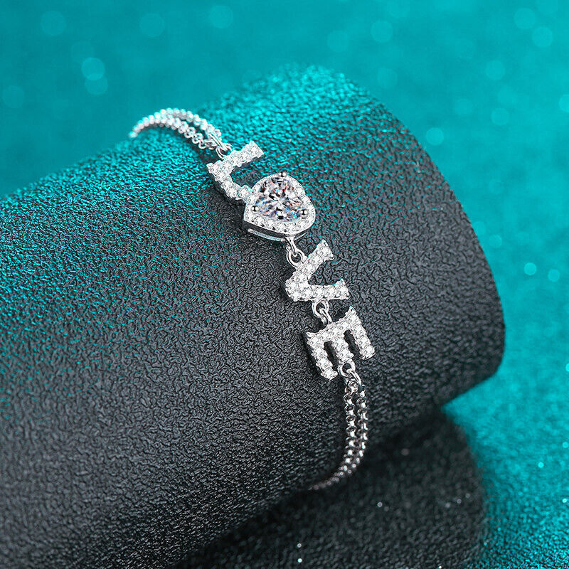 D/VVS1 Love Heart Cut Moissanite Women Chain Bracelet Gift 925 Sterling Silver