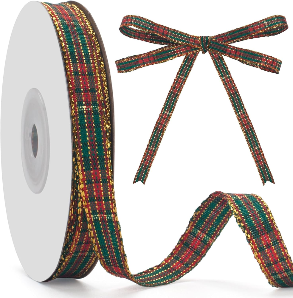 Red and Green Gingham Ribbon, Christmas Plaid Ribbon 3/8 INCH X 25 Yards, Polyes