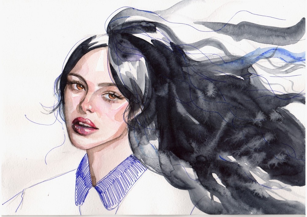 Original Watercolor Painting Beautiful Brunette Woman Portrait Female Wall Art