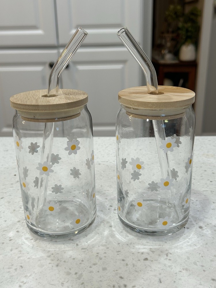 Daisy Design 14oz Glass Cup With Bamboo Lid And Glass Straw