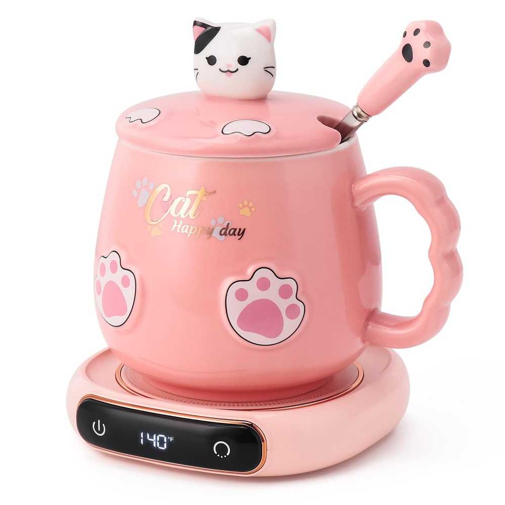 Coffee Mug Warmer & Cute Cat Mug Set, Electric Beverage Cup Warmer for Desk H...