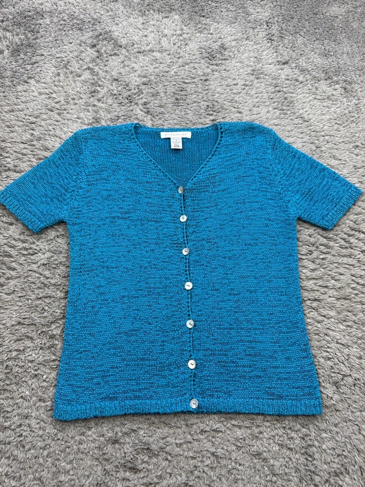 Pursuits Ltd Sweater Women Small Teal Crochet Knit Short Sleeve Granny Cardigan