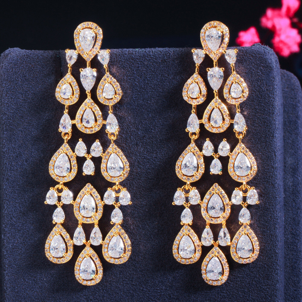 Gold Plated Cubic Zirconia Long Chandelier Drop Earrings for Women Wedding Party