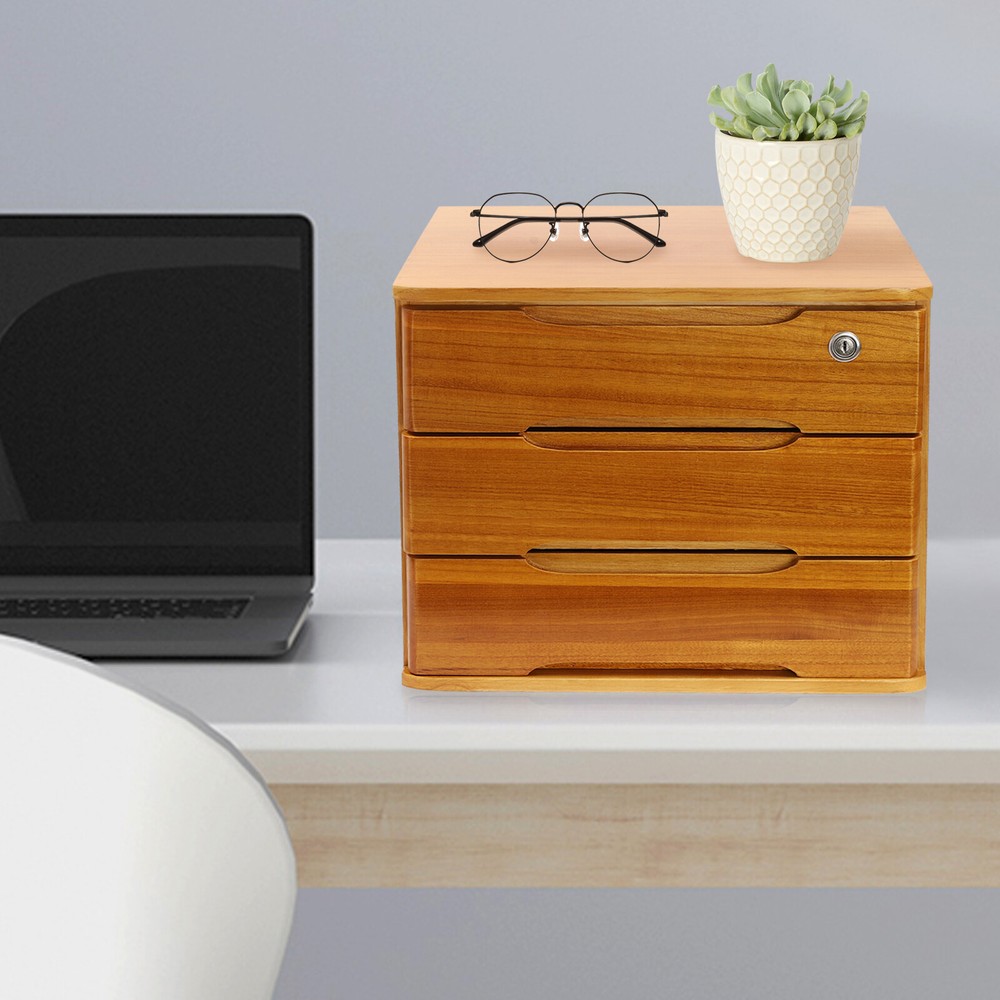 Modern Rectangle 3-Tier Desktop Storage Box Organizer with Lock Filing Cabinet