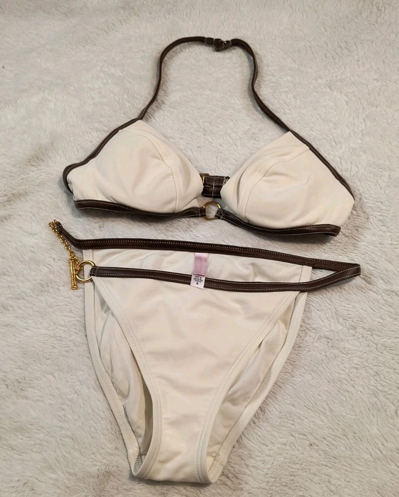 Vtg Victoria’s Secret Bikini Set 34B S Cream Brown Leather Trim Gold Chain Y2K