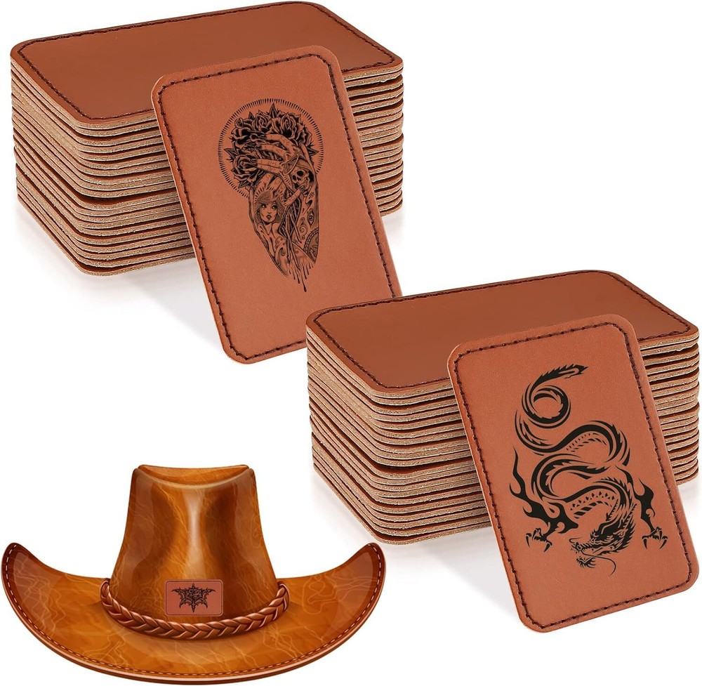 40 Pcs Leatherette Hat Patches with Adhesive, Blank Rectangle Faux Brown