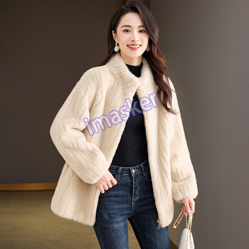 Winter Mink Fur Coat for Women with Stand Collar and Zipper