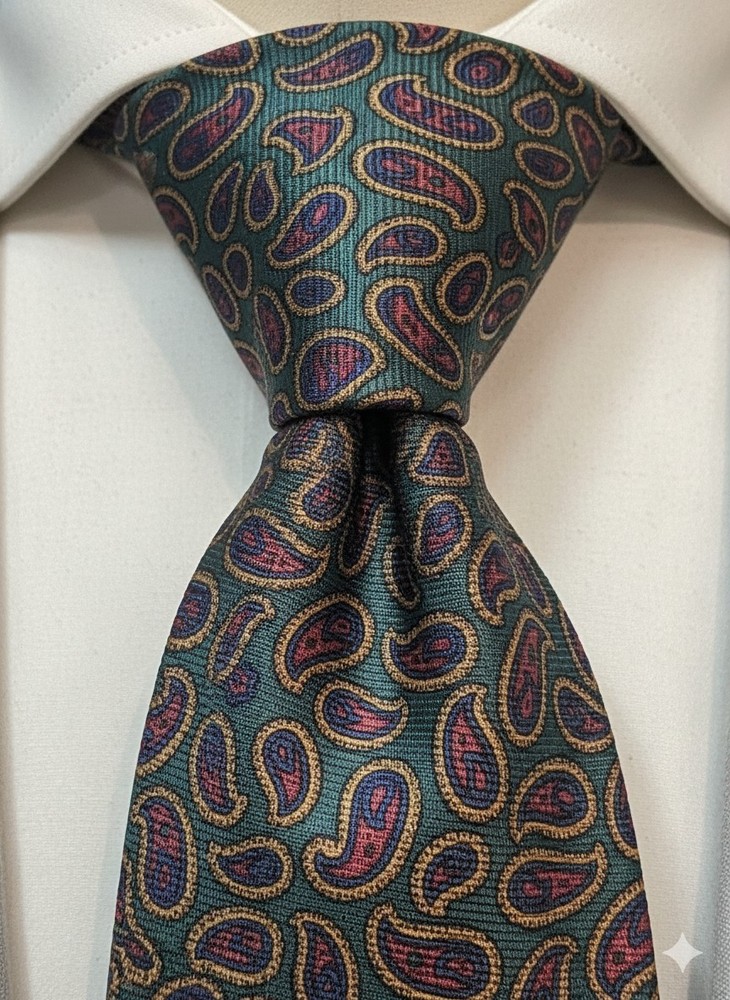 Polo Ralph Lauren Silk Tie Mens Green Paisley Hand Made Made in USA 54