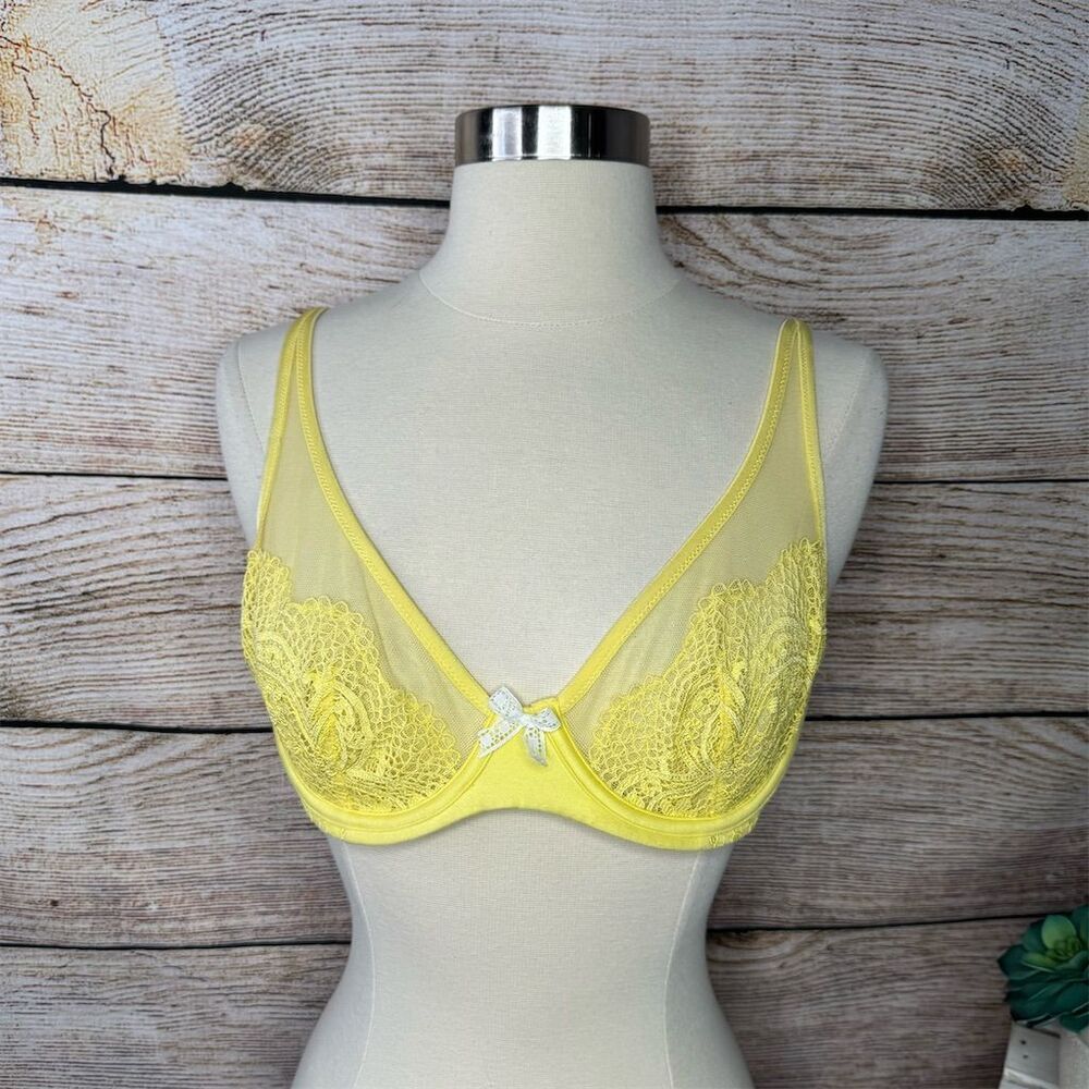 Victoria's Secret Women's T-Shirt Bra 34C Yellow Lace Bow Detail