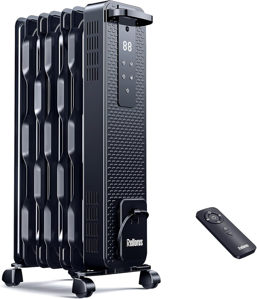 Rellorus Portable Radiator Heater with 7 Wavy Fins, Manual Control Dark Grey