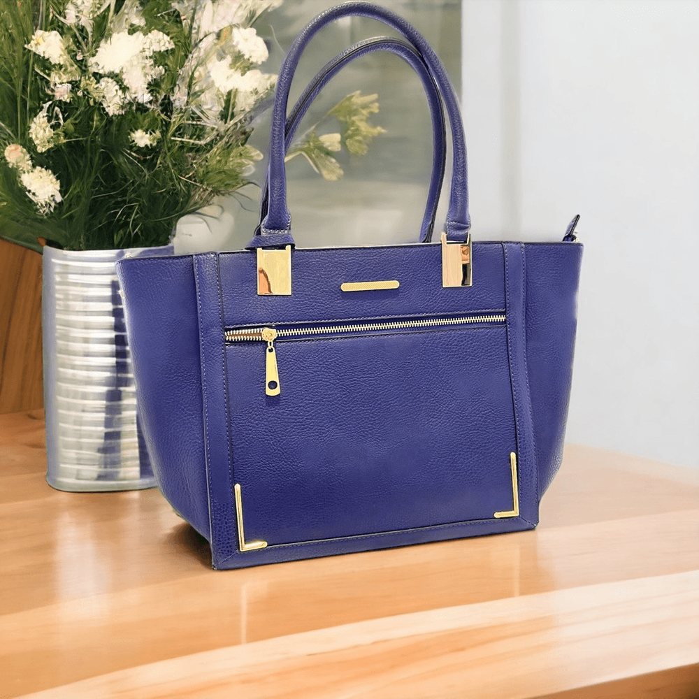 Blue Pebbled Faux Leather Tote Handbag (Broken Zipper)