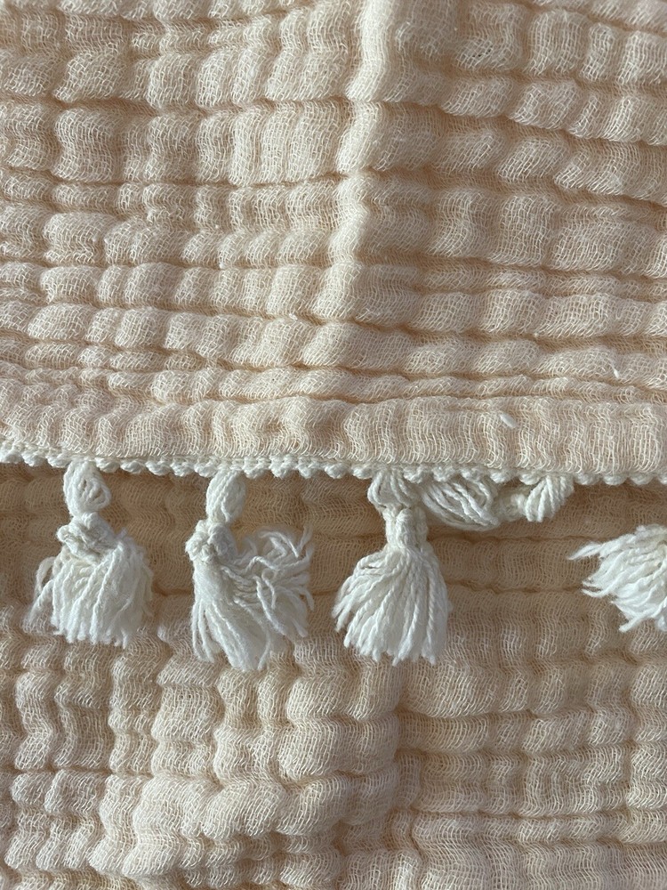 Crane Baby Six Layer Muslin Blanket Pale Apricot Cream Tassel Soft 43x32”