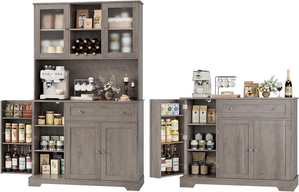 2-Piece Pantry Storage Cabinet Set with Microwave Stand & Tall Kitchen Hutch  