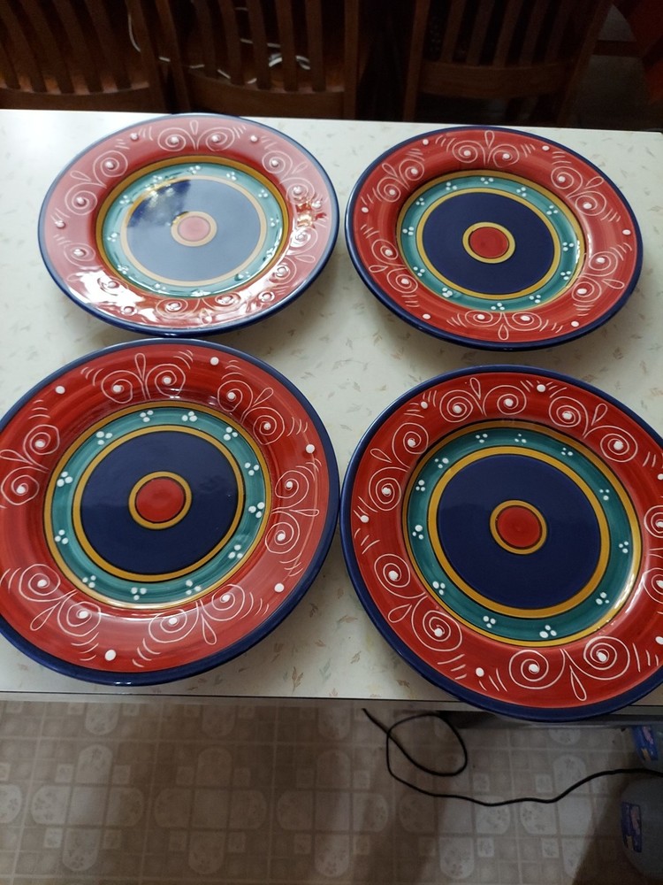 Pier 1 One SAN MARCO  Dinner Plates Abstract Blue Red Gold 11 3/8” Set Of 4