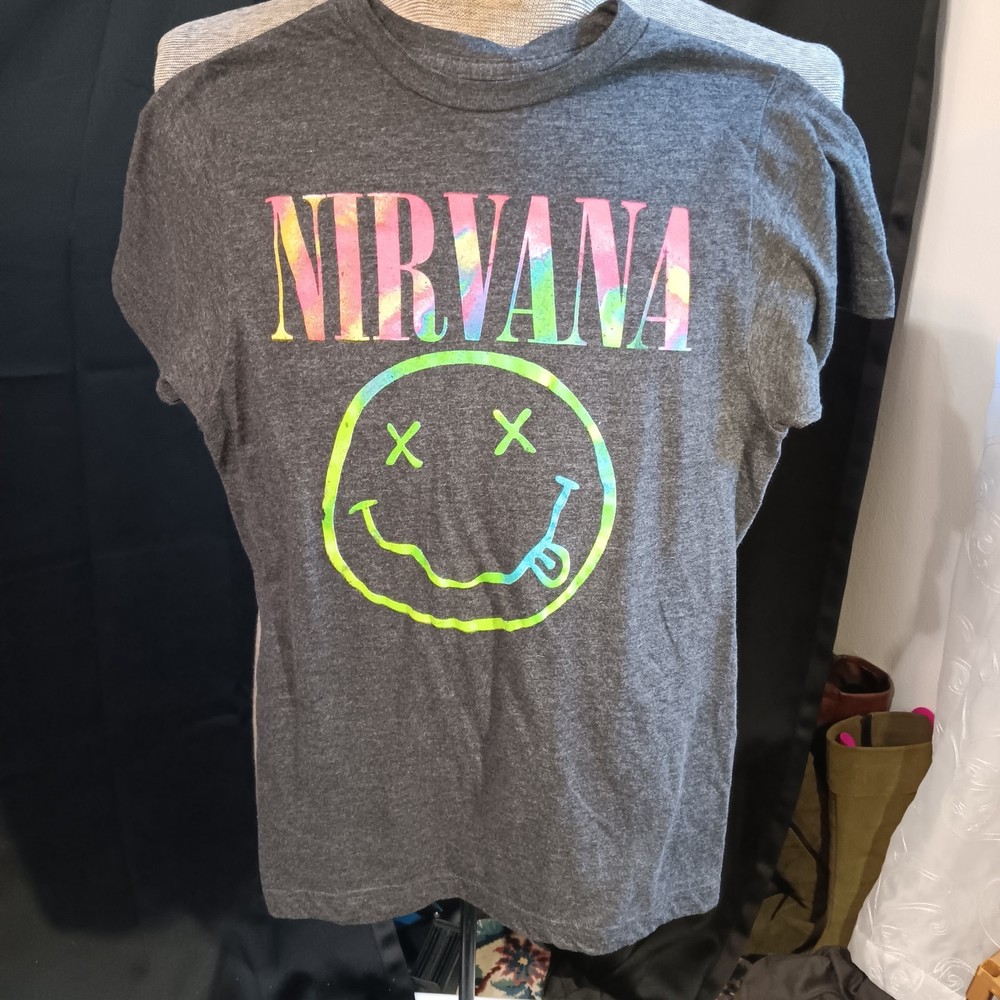 Nirvana Band T Shirt Smiley Face Size Large Grey Graphic Print