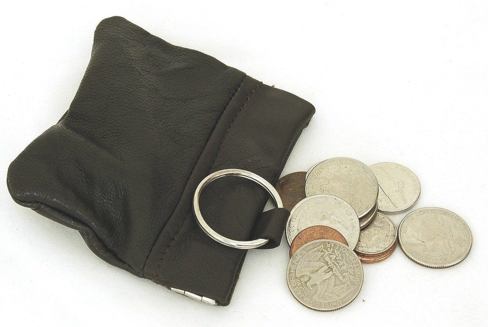 Leather Coin Purse Wallet with Metal Spring Closure and Keychain Loop Inside