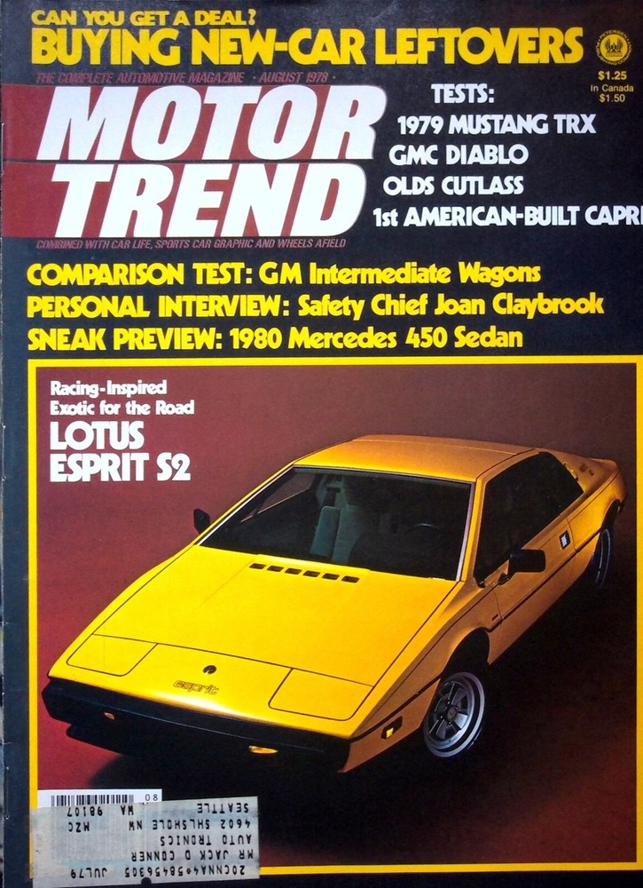 LOTUS ESPRIT S2 - MOTOR TREND MAGAZINE, VOL. 30 NO. 8 AUG 1978