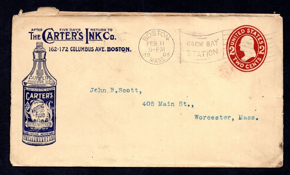 US 1908 ADVERTISING CARTER'S INK CO. OF BOSTON ON POSTAL COVER SCOTT #U410