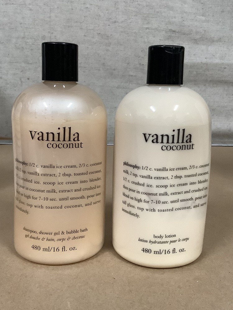 Philosophy VANILLA COCONUT Shampoo Bath & Shower Gel & Lotion 16oz -LOT/2