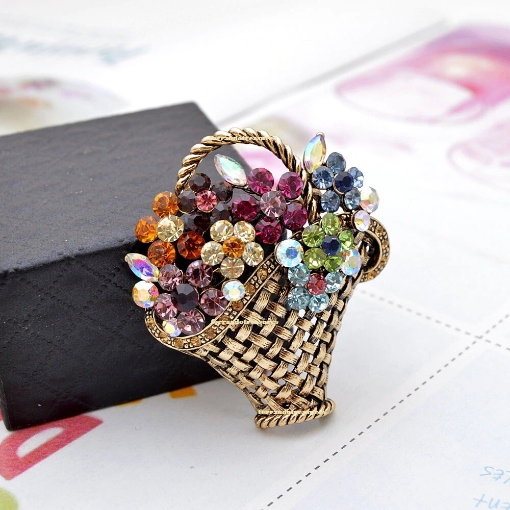 Flower Basket Crystal Rhinestone Vintage Style Brooch Pin and Gold Bag