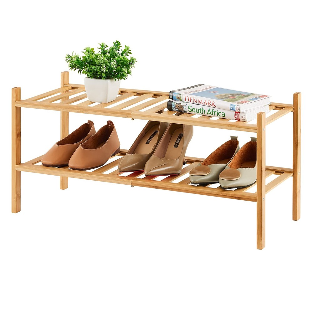 2-Tier Bamboo Shoe Rack for Entryway, Bamboo Wood Shoe Organizer for Hallway ...