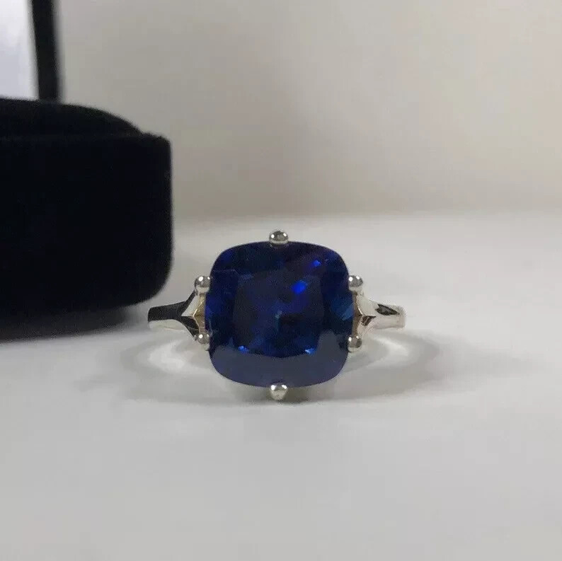 4.05 Ct Cushion Cut Natural Sapphire & Diamond Wedding Ring 14K White Gold Solid