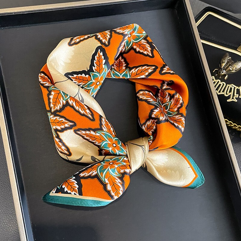 100% Silk 21 Inch Orange Floral Square Scarf for Women as Neckerchief Kerchief or Turban Wrap