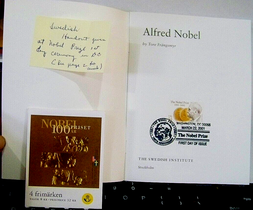 ALFRED NOBEL 32pp BOOKLET NOBEL PRIZE STAMP  1st DAY  ISSUE MAR, 22  2001-image
