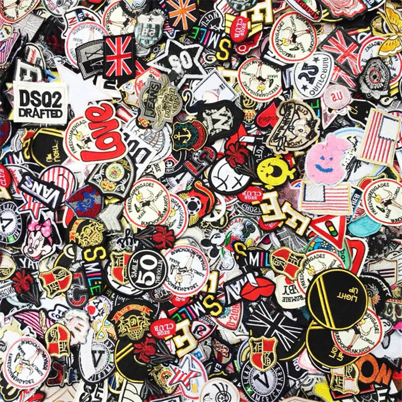100pcs/lot Sew-on Iron Random Mix on Patches Fashion Embroidered Badge Clothes