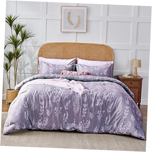 Floral Comforter Set Cute Flower Bed in a Bag Boho 7 Pieces, Queen Lavender